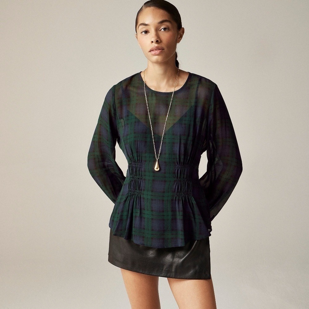NEW!! J. CREW Chiffon Shirred-Waist Top Black Watch Tartan Plaid Copper Green 00
